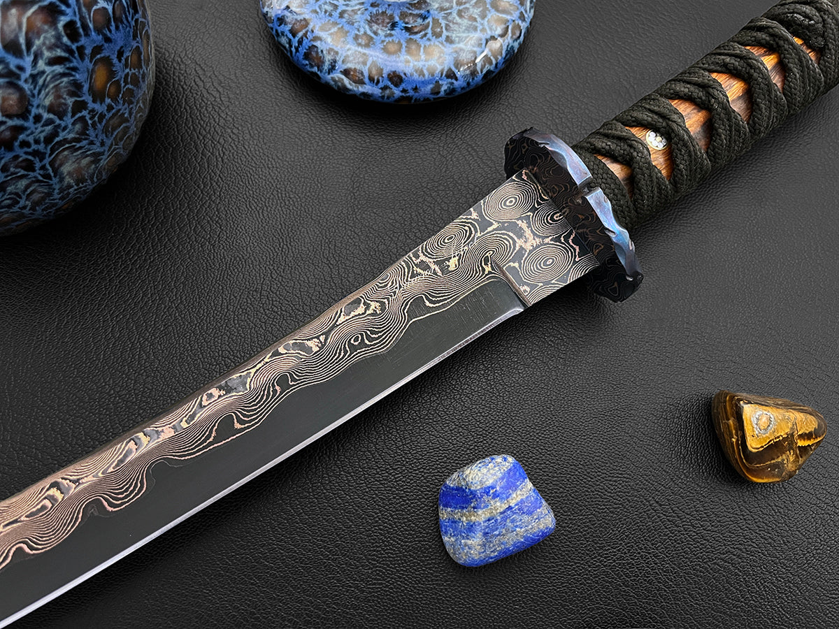 Arufoto Omaga Tanto Series | Dawson Select Tigermai Steel | Ironwood | Anodized Tsuba