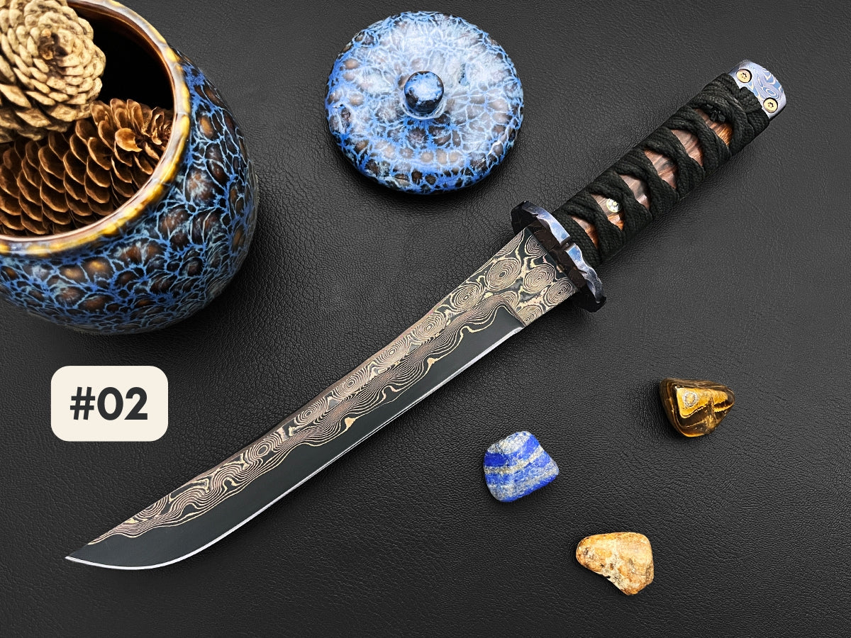 Arufoto Omaga Tanto Series | Dawson Select Tigermai Steel | Ironwood | Anodized Tsuba