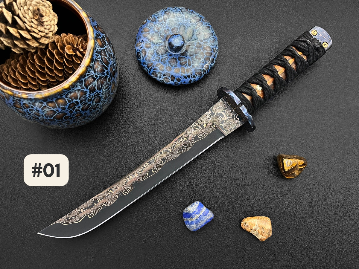 Arufoto Omaga Tanto Series | Dawson Select Tigermai Steel | Ironwood | Anodized Tsuba